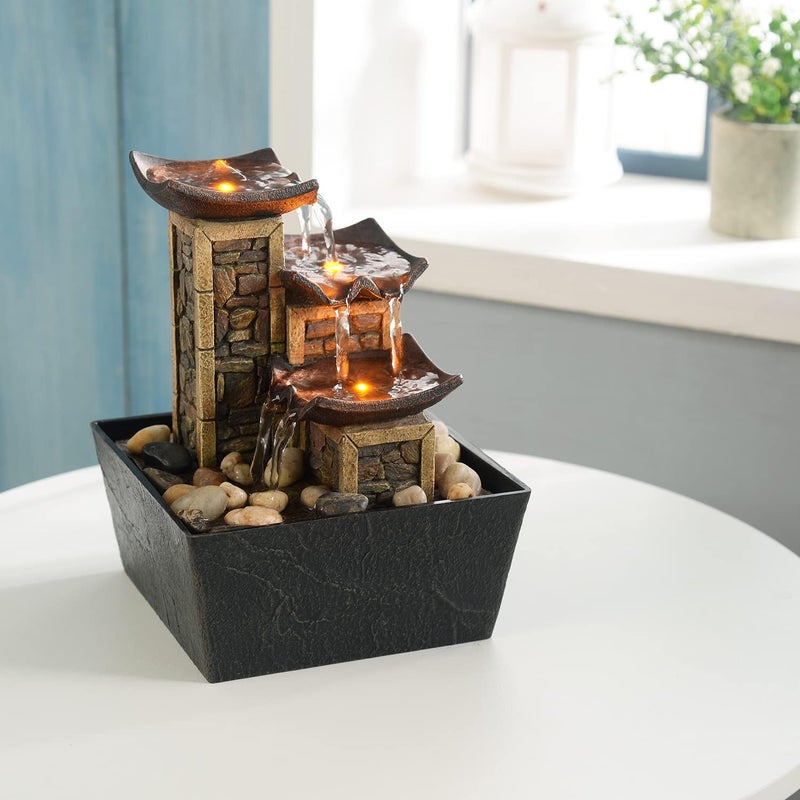 GOSSI Indoor 3-Tier Relaxation Tabletop Fountain Simulation Stone Pillar Water Fountain Soothing Sound Meditation Fountain with Natural River Rocks and Reflective Lighting Feature - Image 5